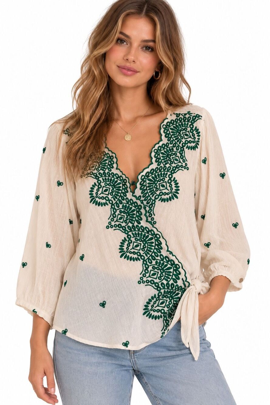 Hope Springs Boho Ivory & Green Embroidered Wrap Top Blouse Size XL